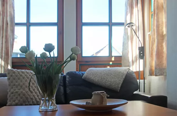 Couch mit Kissen und Blumen auf dem Tisch